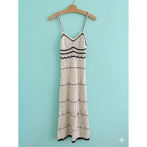 White Crochet Knit Boho Midi Dress Small Strappy Resort Open Cotton Summer